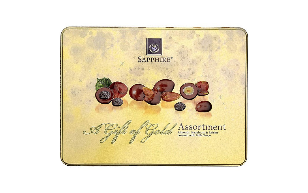 Sapphire Assortment (Almonds, Hazelnuts & Raisins covered with Milk Choco)   Box  350 grams